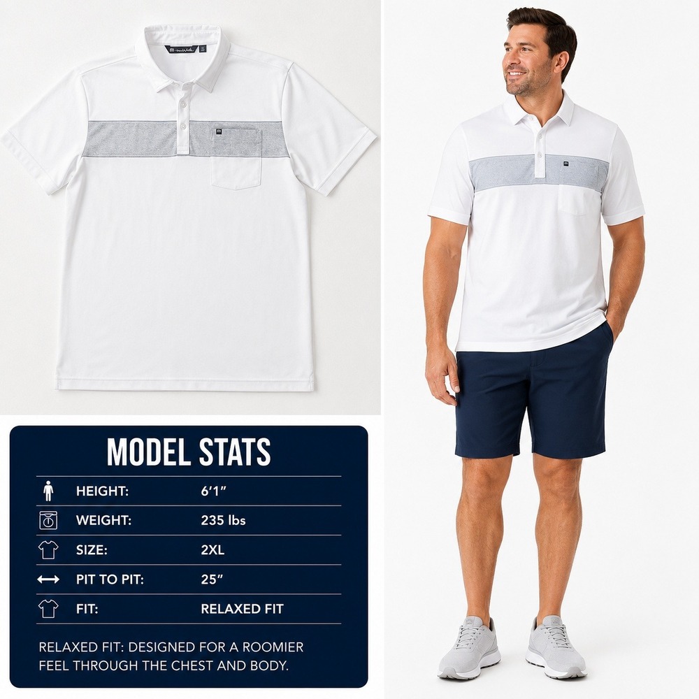 TravisMathew Mens XXL White Grey Striped Relaxed Fit Pocket‎ Golf Polo Shirt